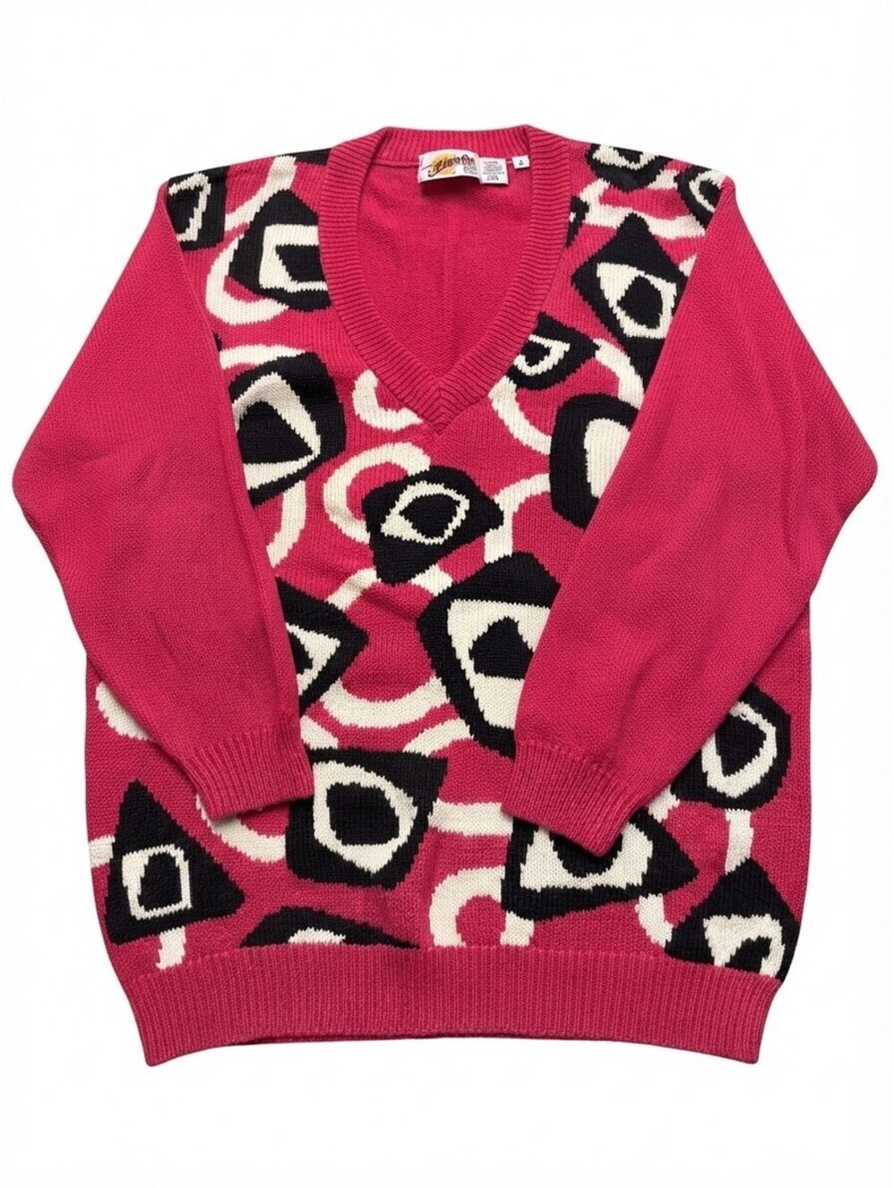 Vintage Field Gear Abstract Geometric V-Neck Sweater Pink Black White Size S